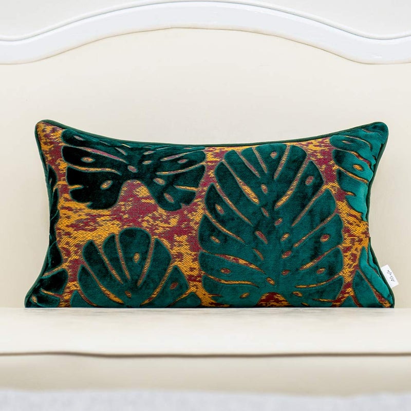 Alerfa 12 x 20 Inch Rectangle Leaf Pillow Embroidery Cut Velvet Cushion Case Luxury Modern Lumbar Throw Pillow Cover Decorative Pillow for Couch Sofa Living Room Bedroom Car, Teal Green - Image 1